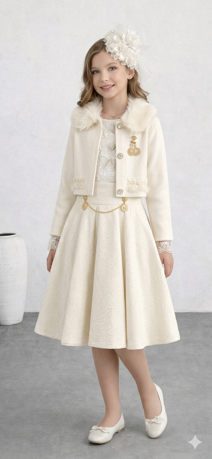 Ensemble bella/فستان "إشراقة الأميرة" - أبيض لؤلؤي وذهبي/