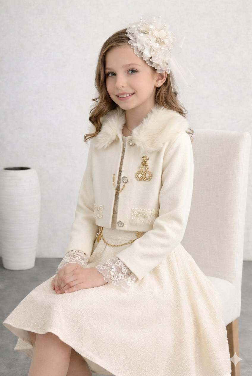 Ensemble bella/فستان "إشراقة الأميرة" - أبيض لؤلؤي وذهبي/