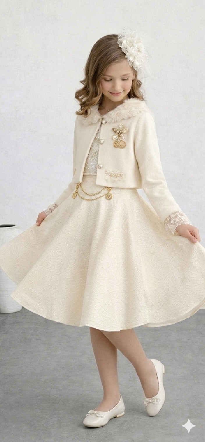 Ensemble bella/فستان "إشراقة الأميرة" - أبيض لؤلؤي وذهبي/