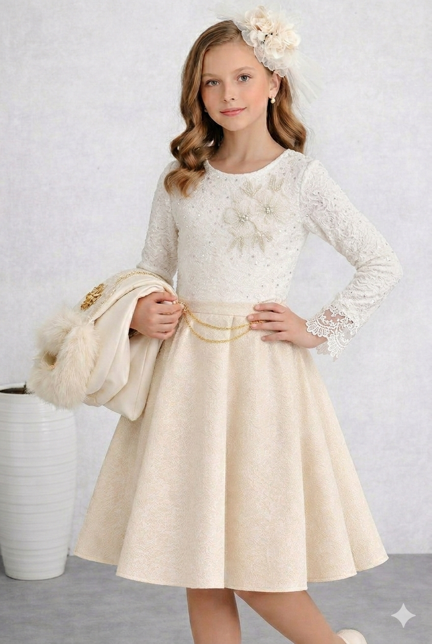 Ensemble bella/فستان "إشراقة الأميرة" - أبيض لؤلؤي وذهبي/