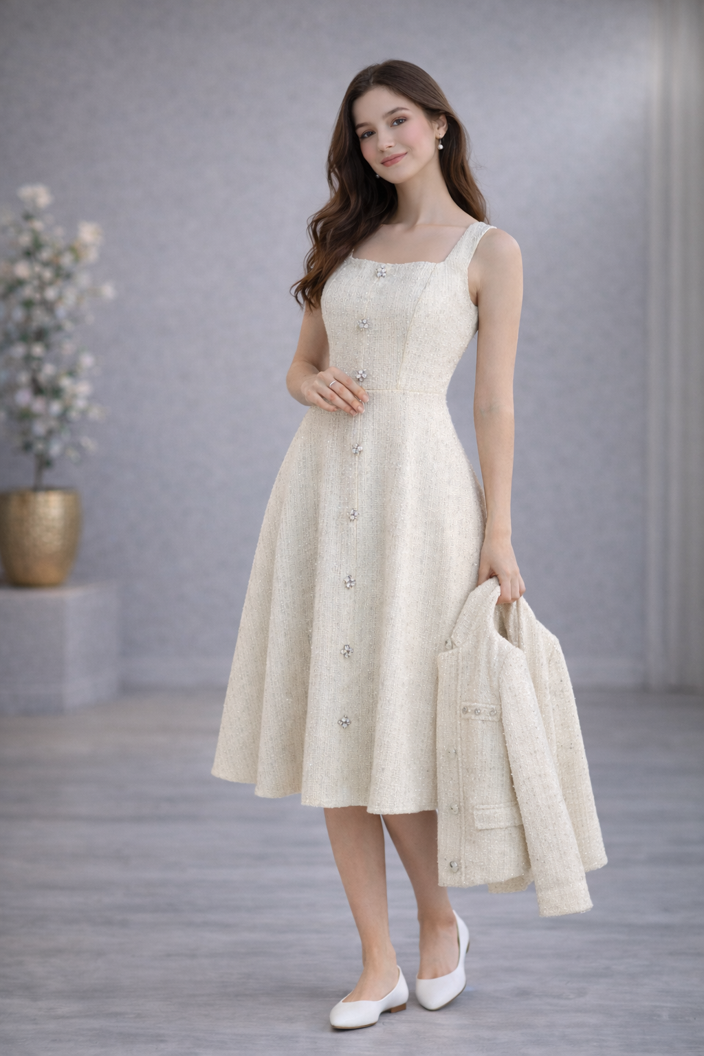 !!! إطلالة كلاسيكية راقية – فستان شنال مع جاكيت انيق