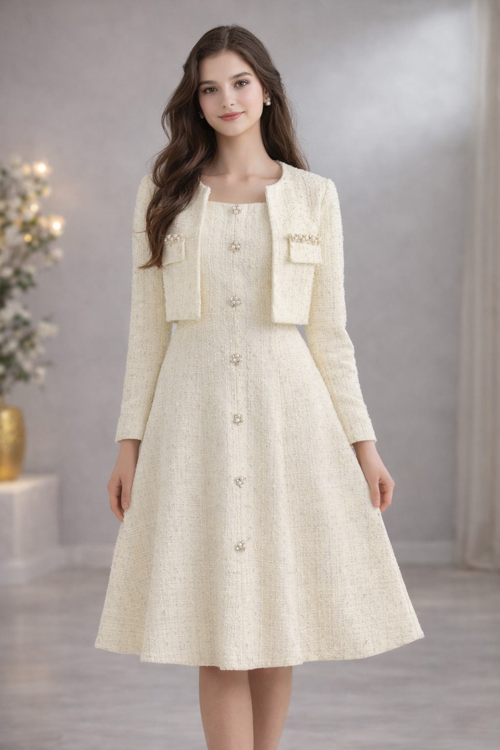 !!! إطلالة كلاسيكية راقية – فستان شنال مع جاكيت انيق