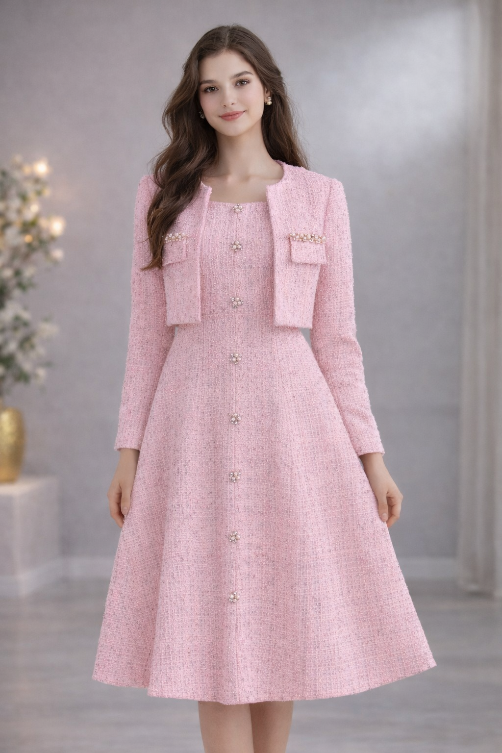 !!! إطلالة كلاسيكية راقية – فستان شنال مع جاكيت انيق